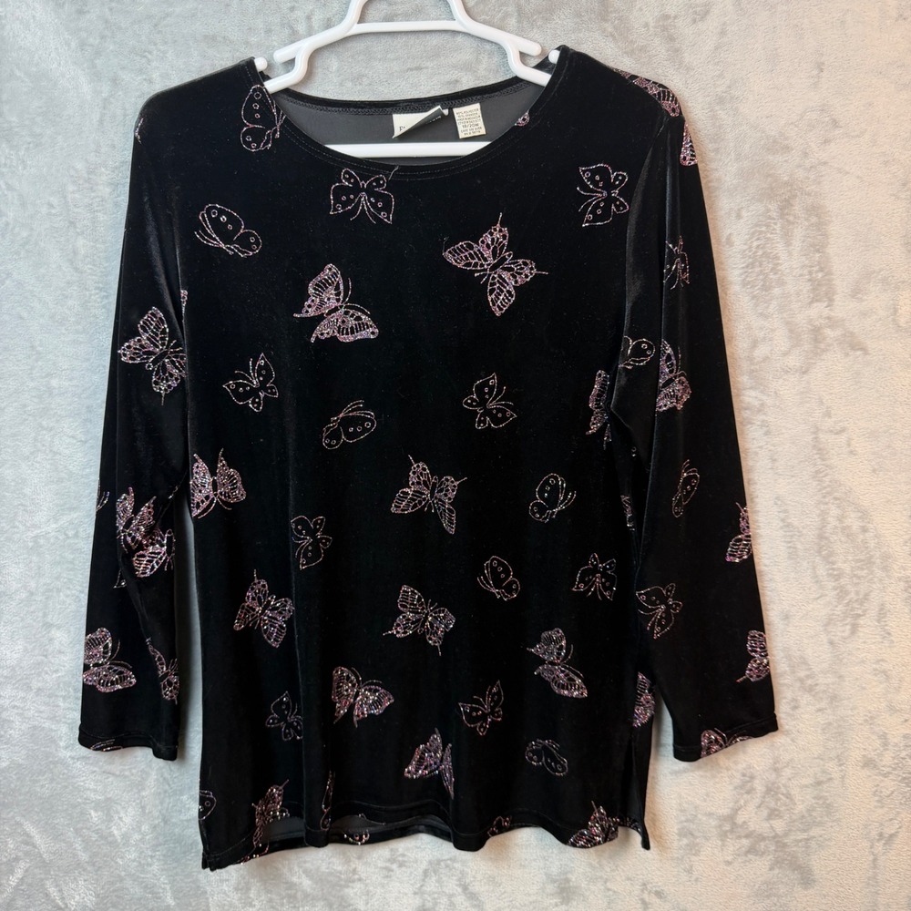 Fashion Bug Top Womens 18/20W Black Pink Butterfly Velvet‎ Glitter Whimsigoth